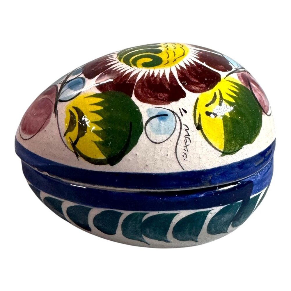 Vintage Floral Mexican Talavera Ceramic Egg-Shaped Trinket Box Jewelry Rings
